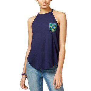 NWT Gold Crush Juniors Brazil Graphic Jewel High-Neck Tank Top Navy Blue M